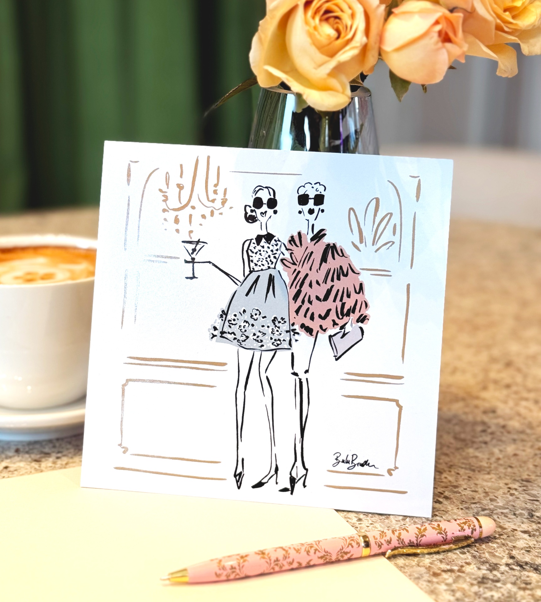 Fashion illustration card at a gala dinner
